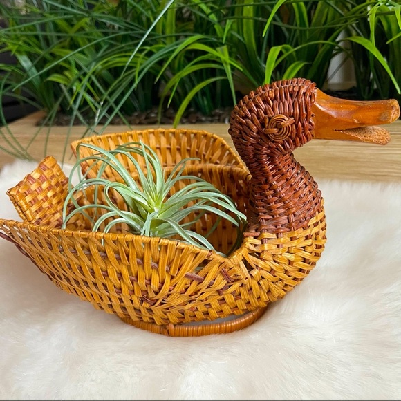 Vintage Wicker Brown Rattan Woven Duck Basket Planter Trinket BOHO 🪴Vibes - Picture 1 of 10